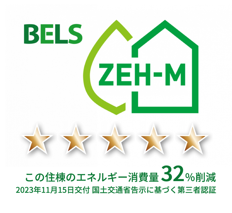 BELS ZEH-M この住棟のエネルギー消費量32%削減 2023年11月15日交付 国土交通省告示に基づく第三者認証